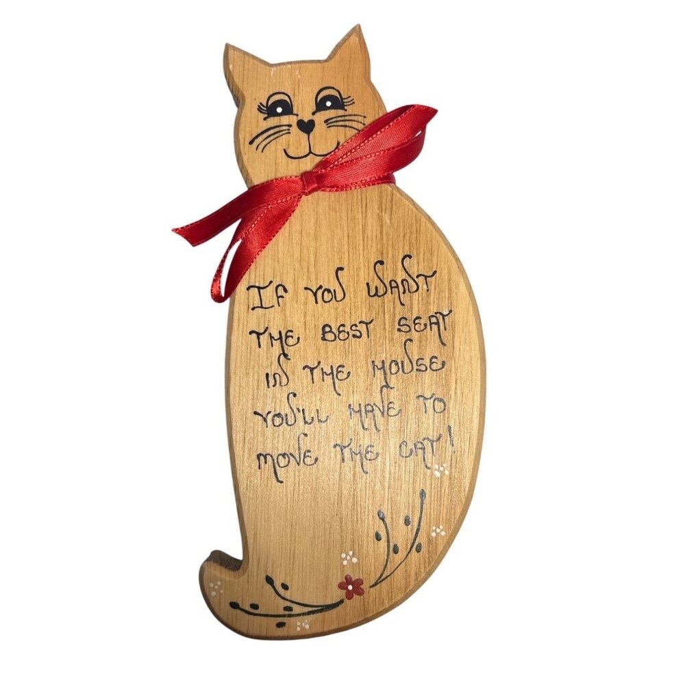 Wooden Cat Wall Decor With Red Bow & Quote Best Seat in the House